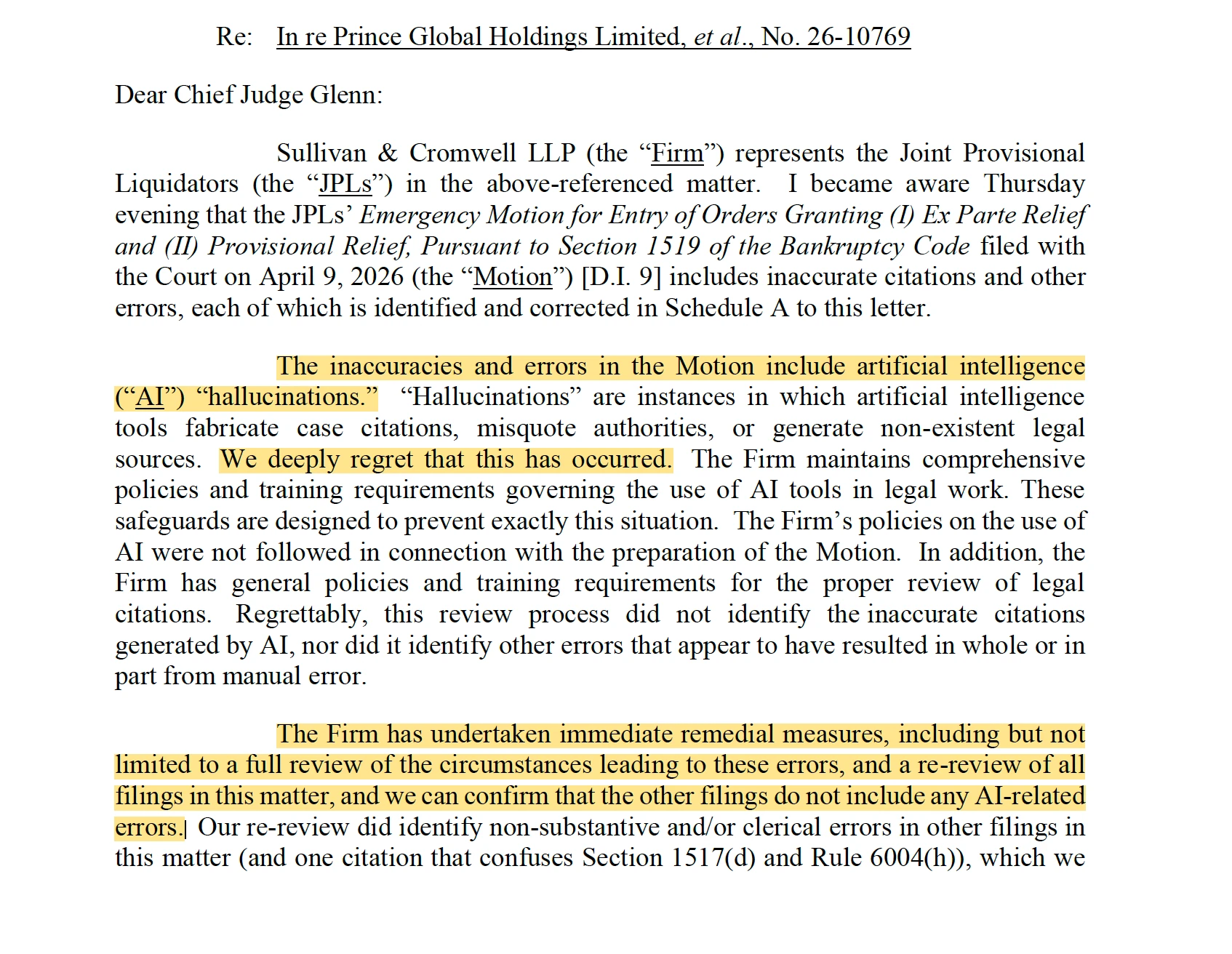 Sullivan & Cromwell's April 18, 2026 letter to Judge Glenn disclosing AI hallucinations; key phrases highlighted in yellow